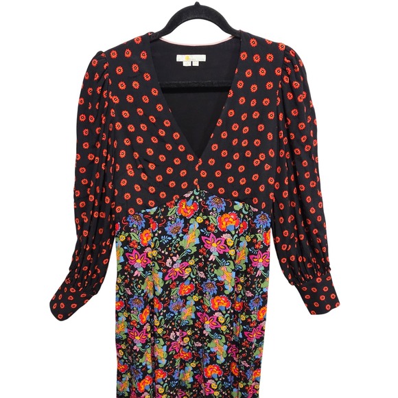 BODEN Blouson Sleeve Maxi Dress Black Red Floral Print V-Neck Retro Boho US 8 - Picture 4 of 11